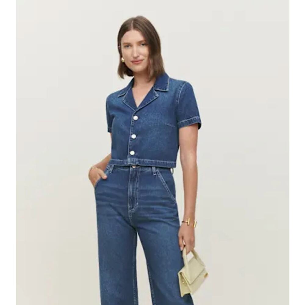 Reformation Nava Denim Jean Snap Front Collared Short Sleeve Crop Top Shirt 0 - Picture 2 of 10
